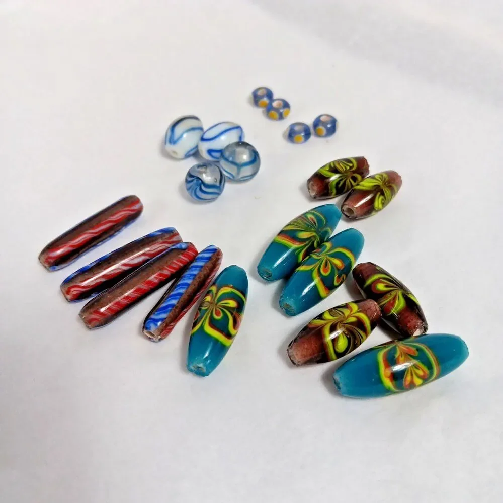 20 Glass Lampwork Beads Lot Mixed Swirls Blue White Red Wide Hole Used Vintage